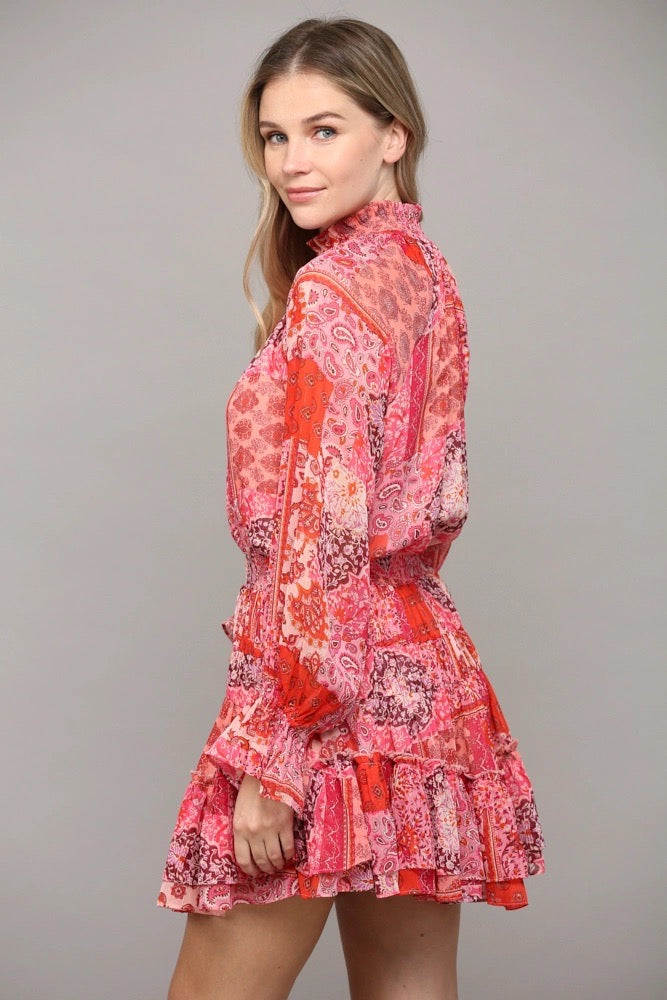 OLIVIA PatchWork Chiffon HiNeck Dress