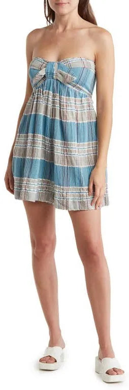 FREE PEOPLE Blue Plaid BARBARA Plaid Bow Front Romper