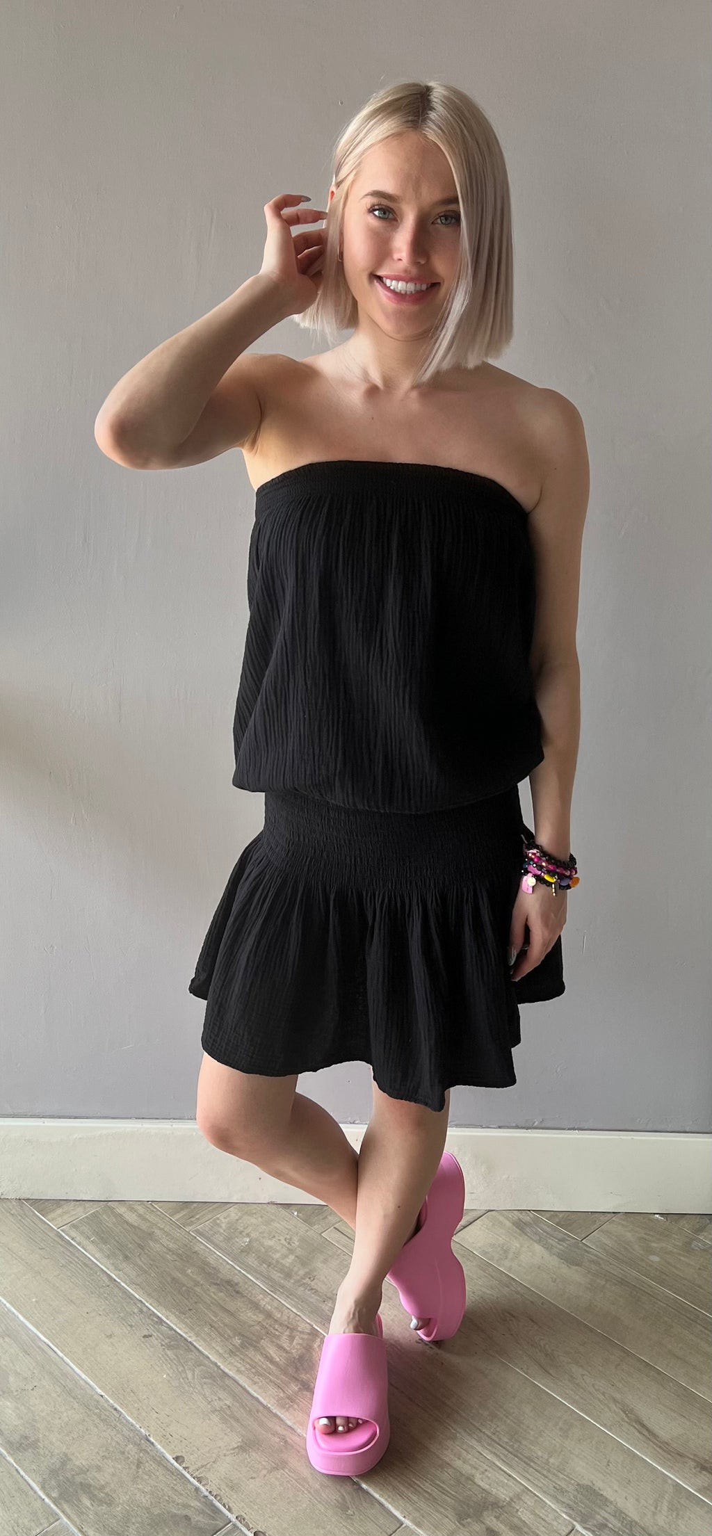 BOBI Gauze TREMBLE Strapless SmockWaist Dress