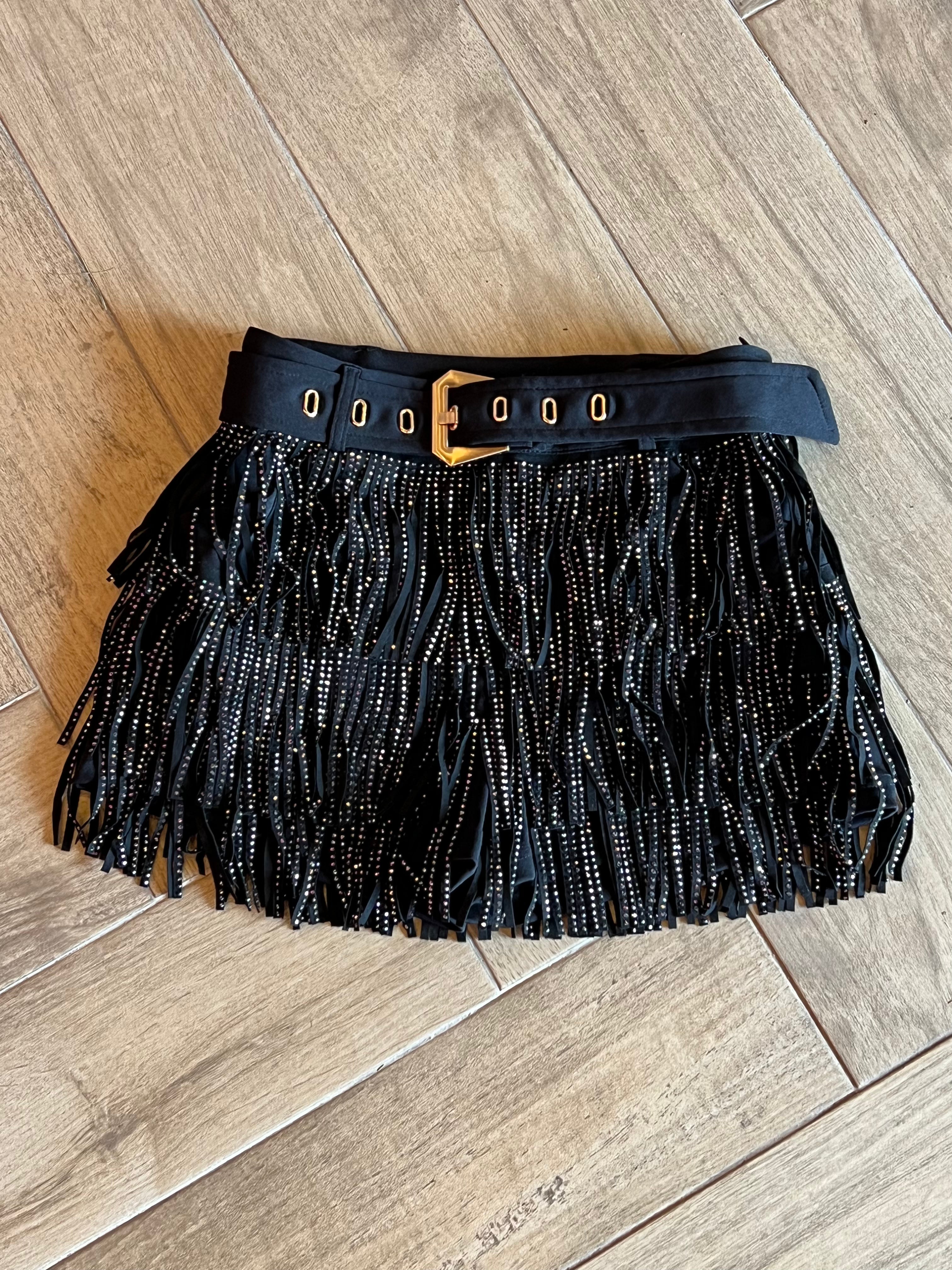 DIXIE Rhinestone Fringe Belted Skort