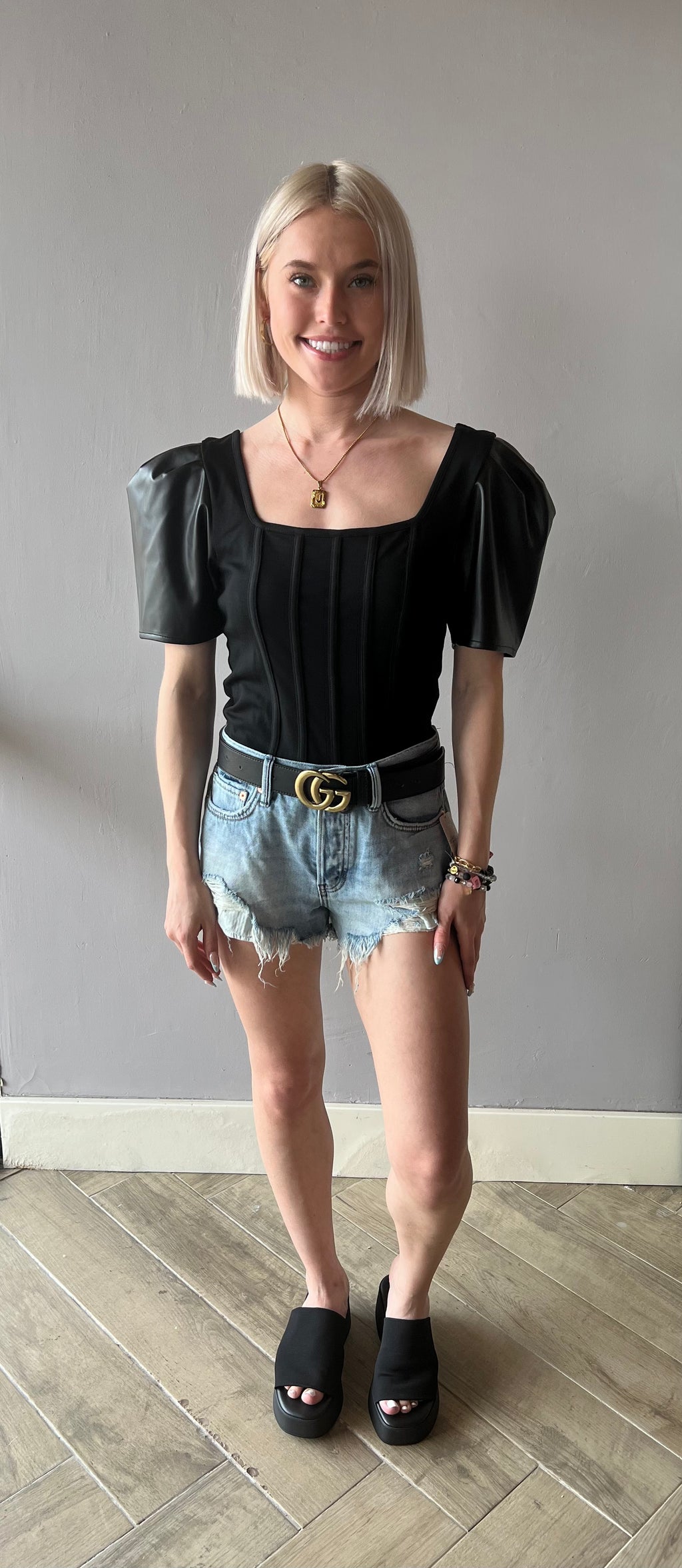 PLEASURE Vegan Leather PuffSleeve Top