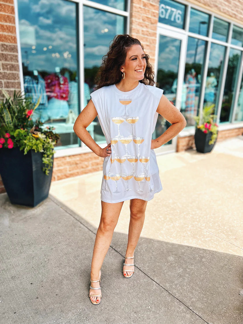 QUEEN OF SPARKLES Sequin CHAMPAGNE TOWER Shoulder Pad Dress Silver Accents QUEEN OF SPARKLES Sequin CHAMPAGNE TOWER Shoulder Pad Dress Silver Accents