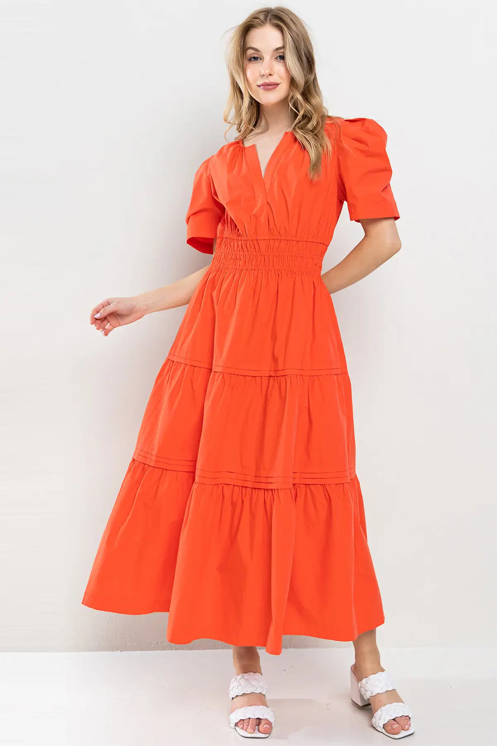 THEORY V-Neck Tiered PuffSleeve Maxi Dress