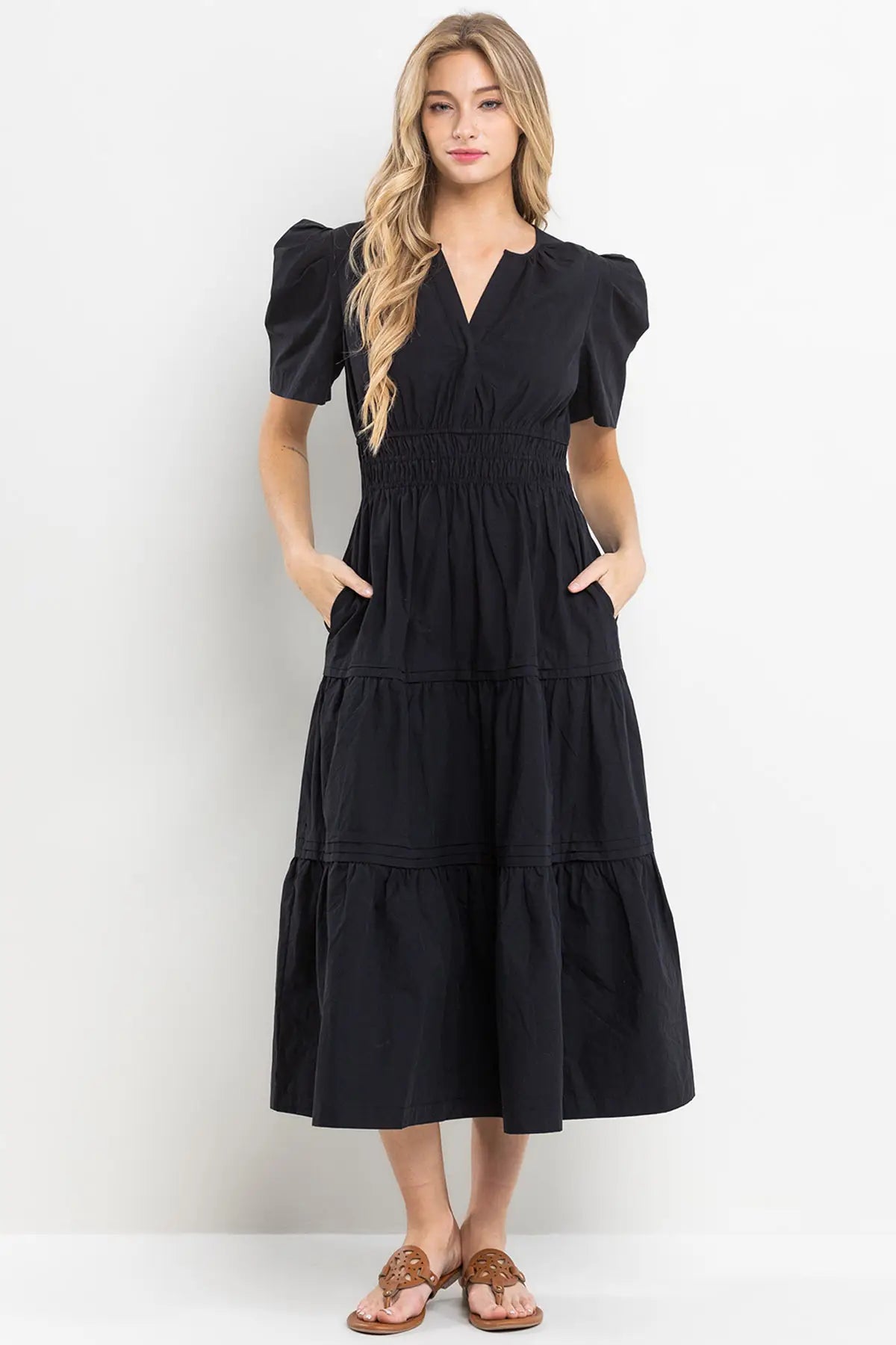 THEORY V-Neck Tiered PuffSleeve Maxi Dress