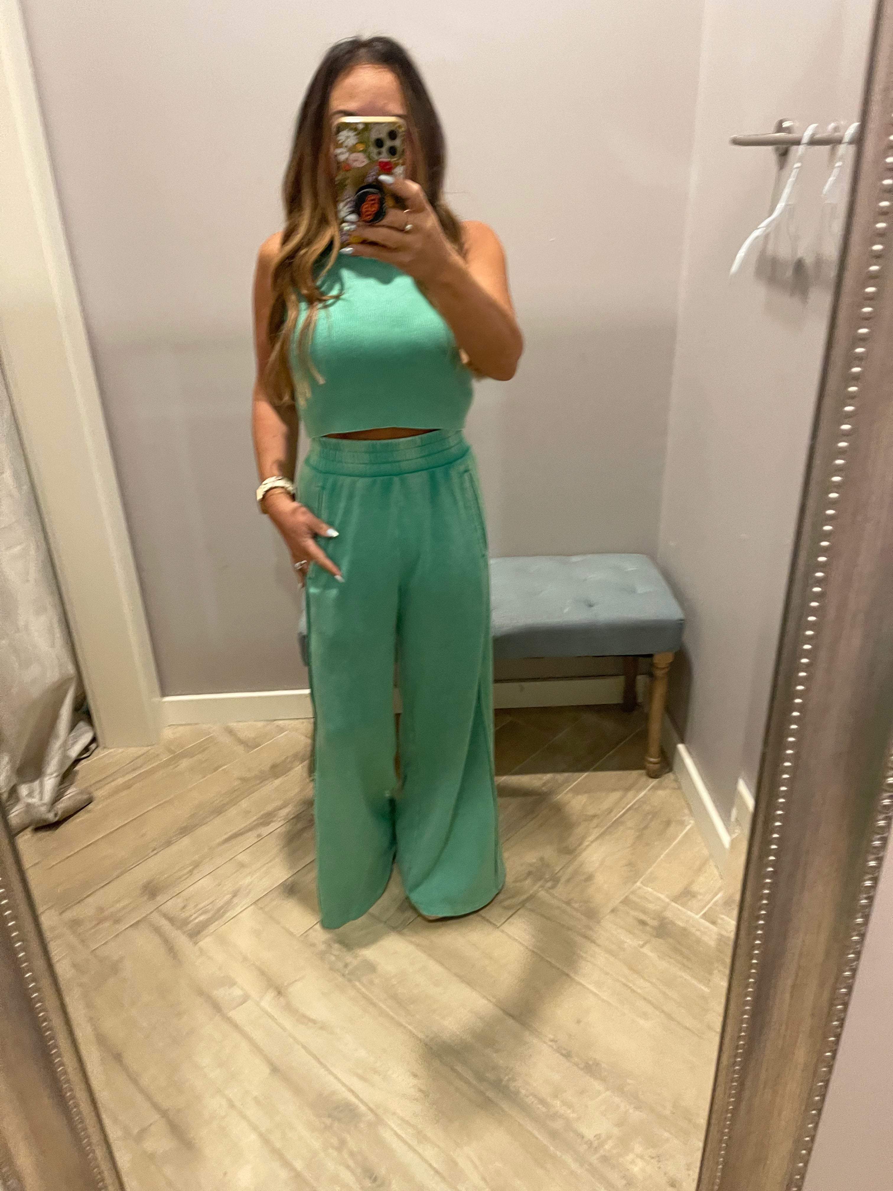 RISEN 2Piece HalterNeck RibMix WideLeg Pant Set