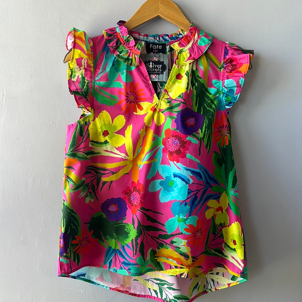 SAVOR Tropical Print Poplin Ruffle Top