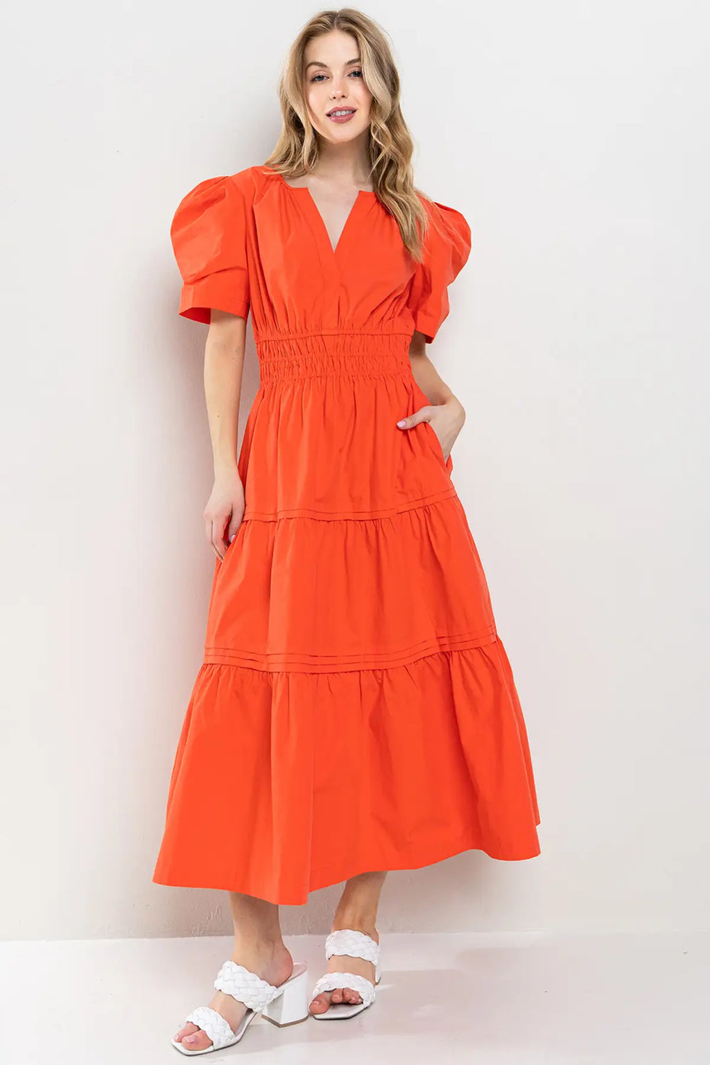 THEORY V-Neck Tiered PuffSleeve Maxi Dress