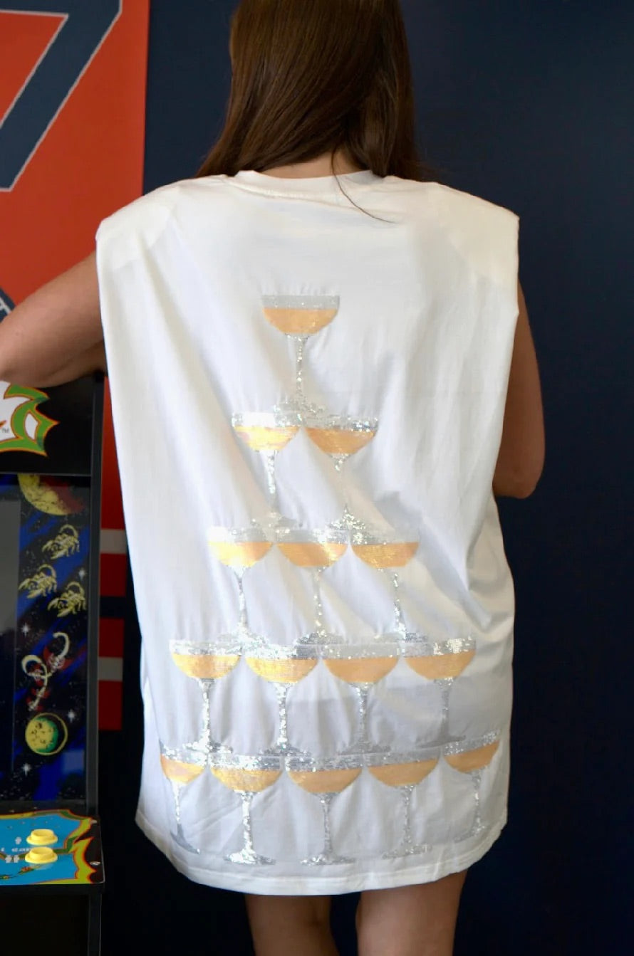 QUEEN OF SPARKLES Sequin CHAMPAGNE TOWER Shoulder Pad Dress