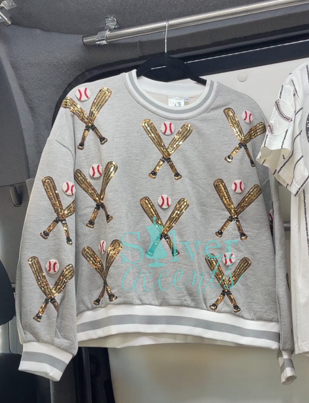 QUEEN OF SPARKLES Sequin SCATTERED BASEBALL BATS Sweatshirt Top