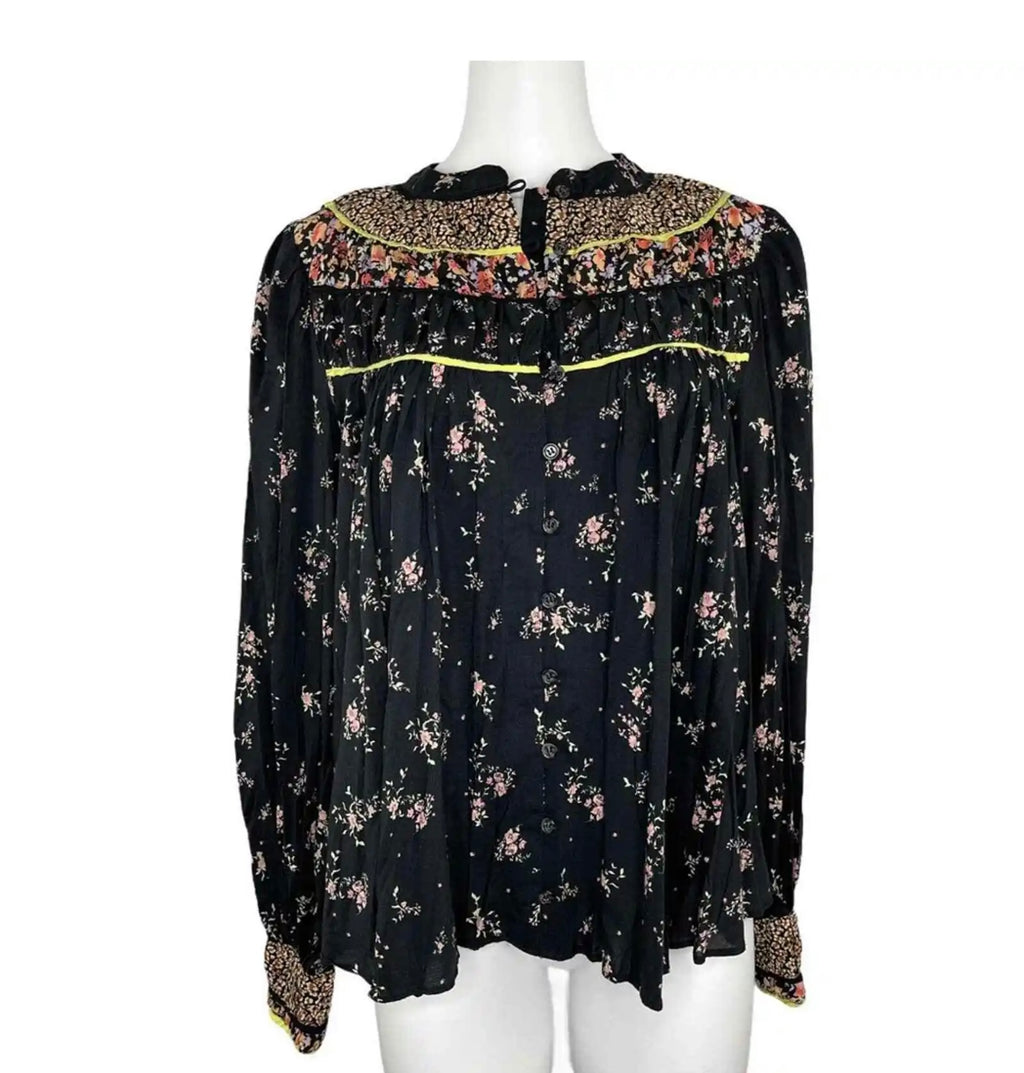 FREE PEOPLE Floral PALOMA ButtonDown Pleated Yoke Top