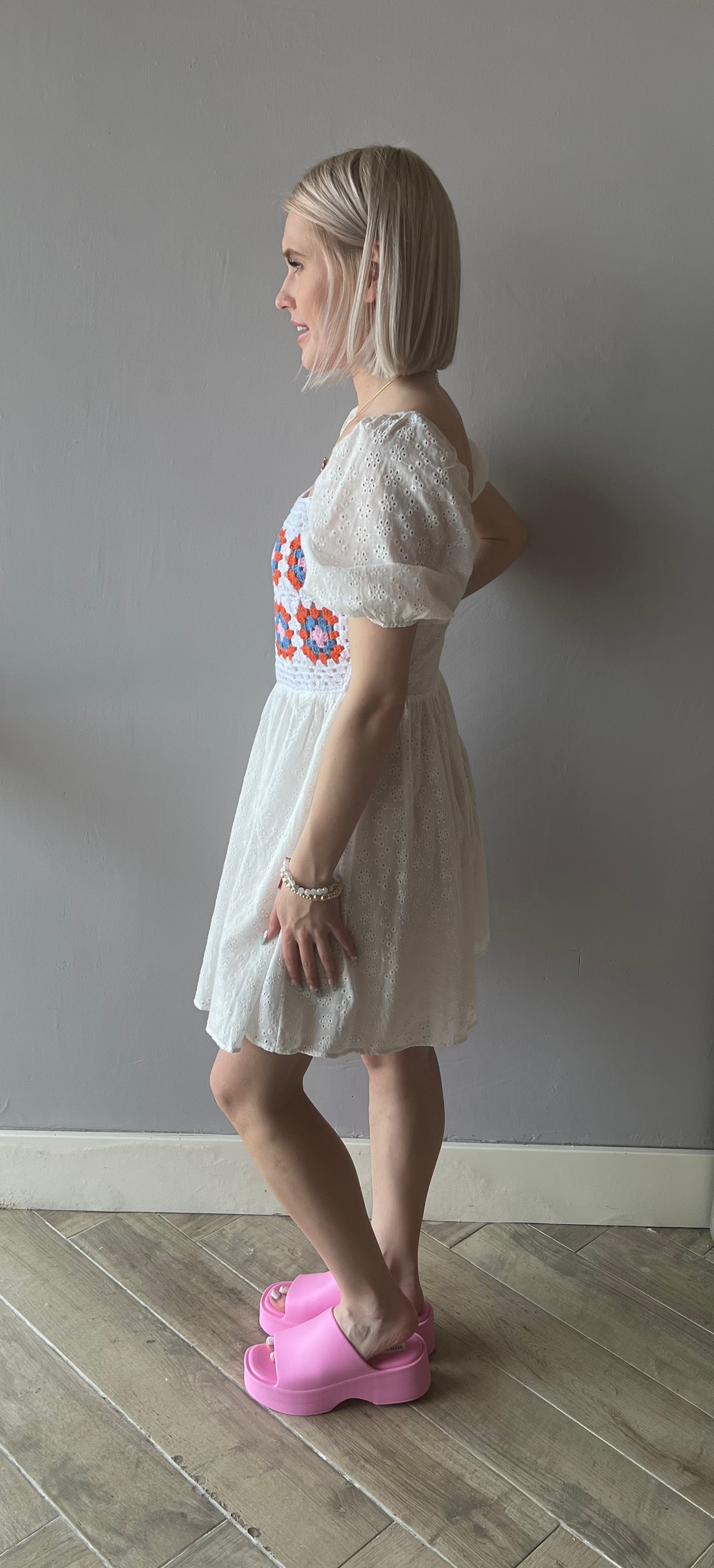 FIJI Crochet Front PuffSleeves Dress