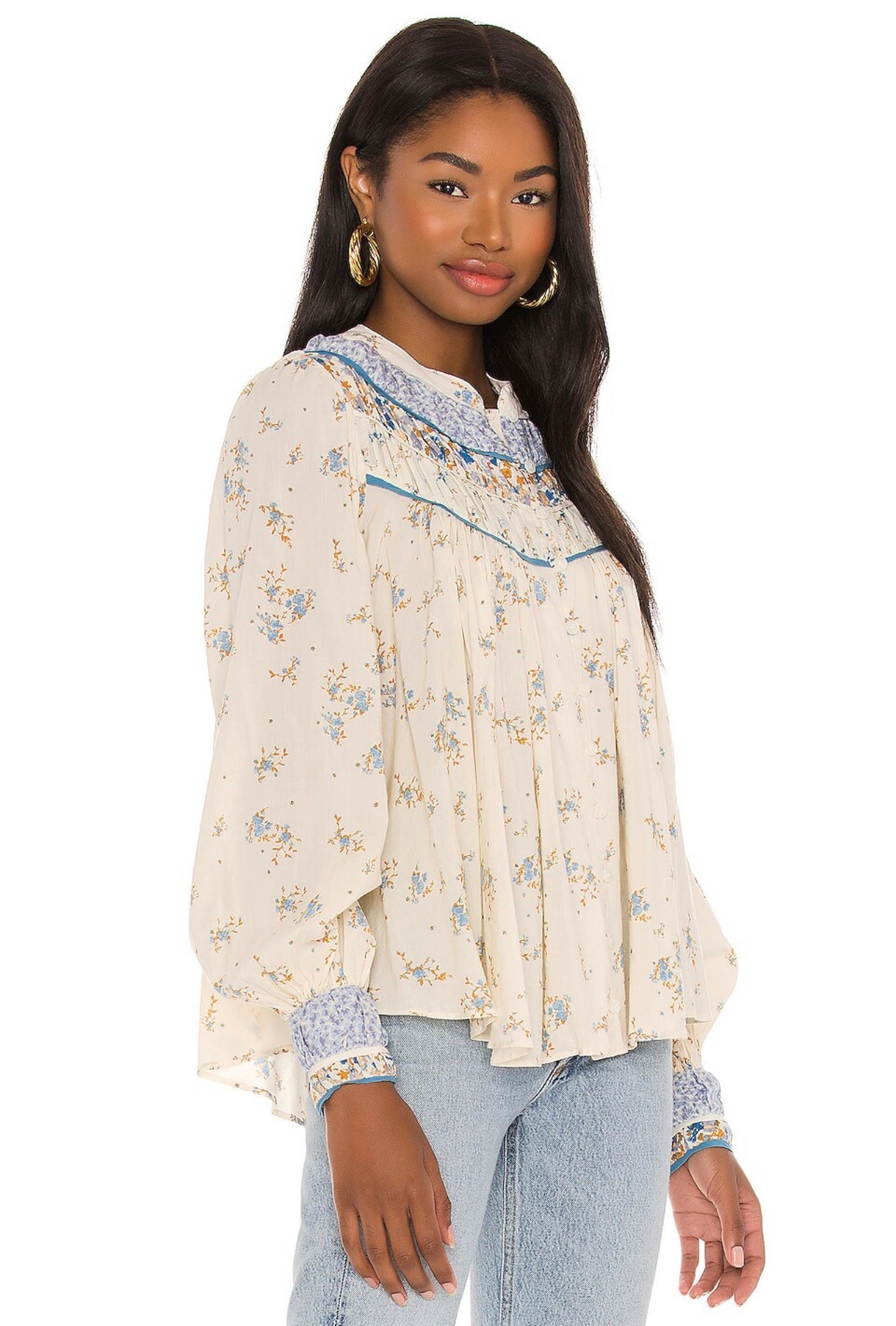 FREE PEOPLE Floral PALOMA ButtonDown Pleated Yoke Top