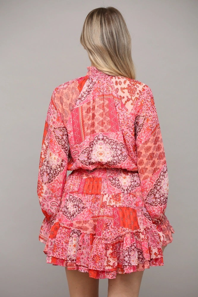 OLIVIA PatchWork Chiffon HiNeck Dress