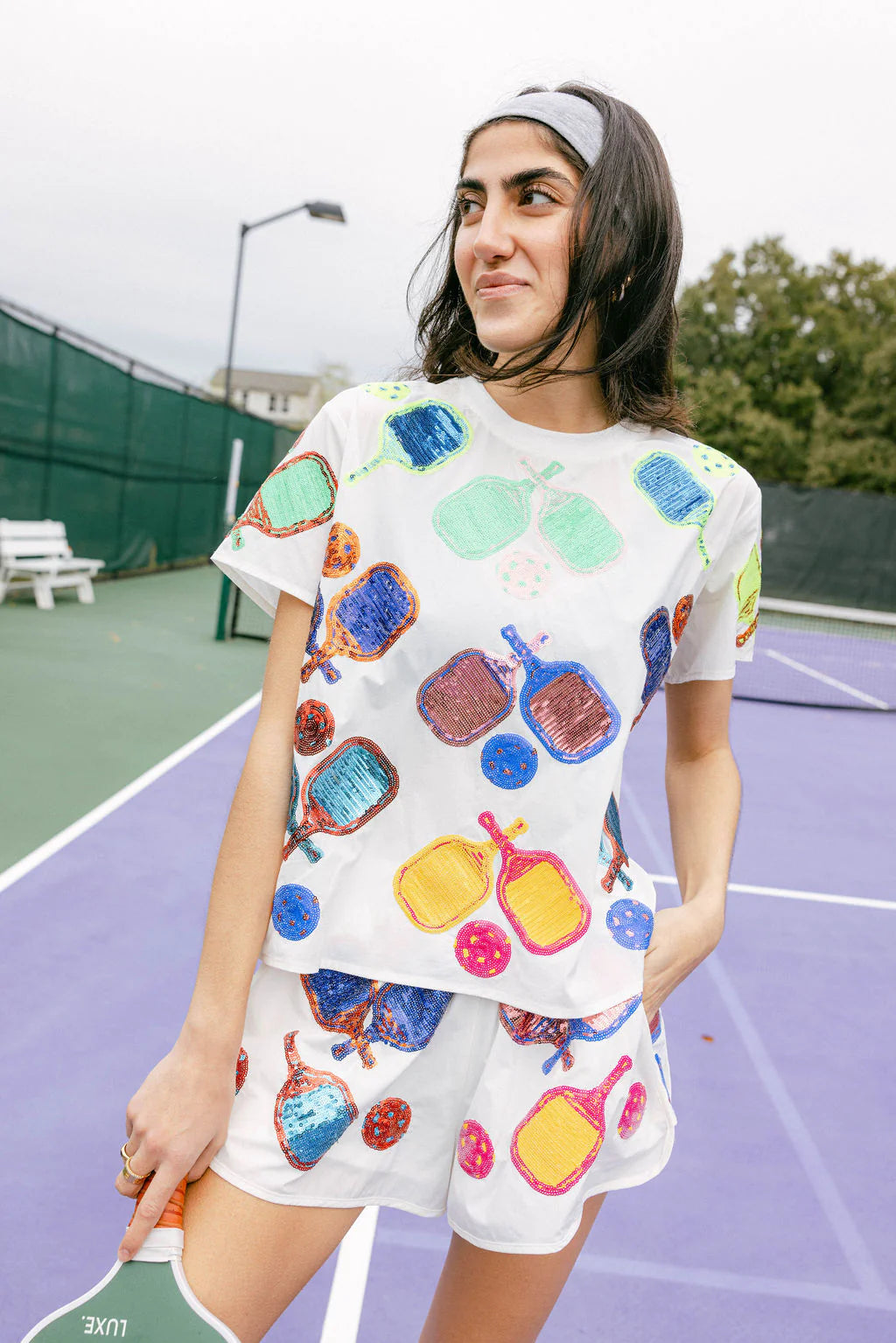 QUEEN OF SPARKLES Sequin PICKLEBALL Active Tee Top