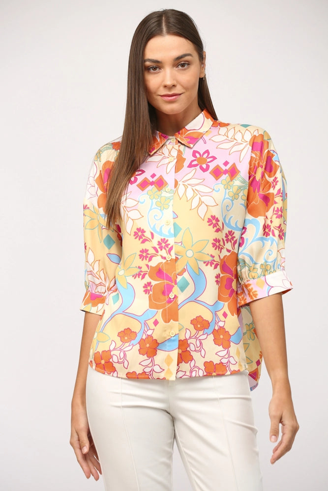 ALARM Abstract Floral Satin Short Sleeve Top