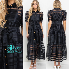 TRYST Stripe Organza Puff~Sleeve Maxi Dress