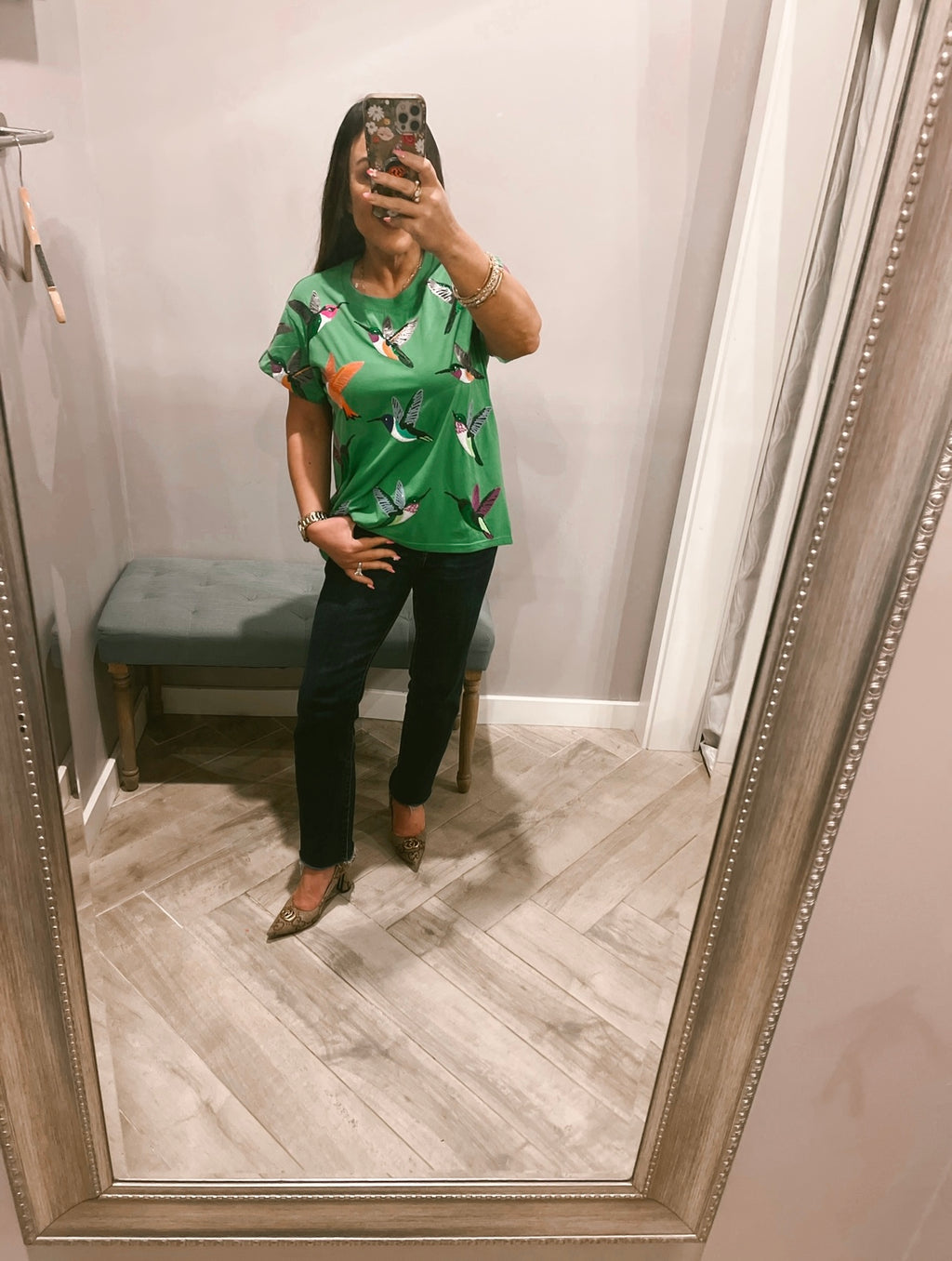 QUEEN OF SPARKLES Sequin HUMMINGBIRD Tee Top