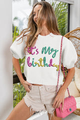 BIBI MY BIRTHDAY Tinsel Short Puff~Sleeve Sweater