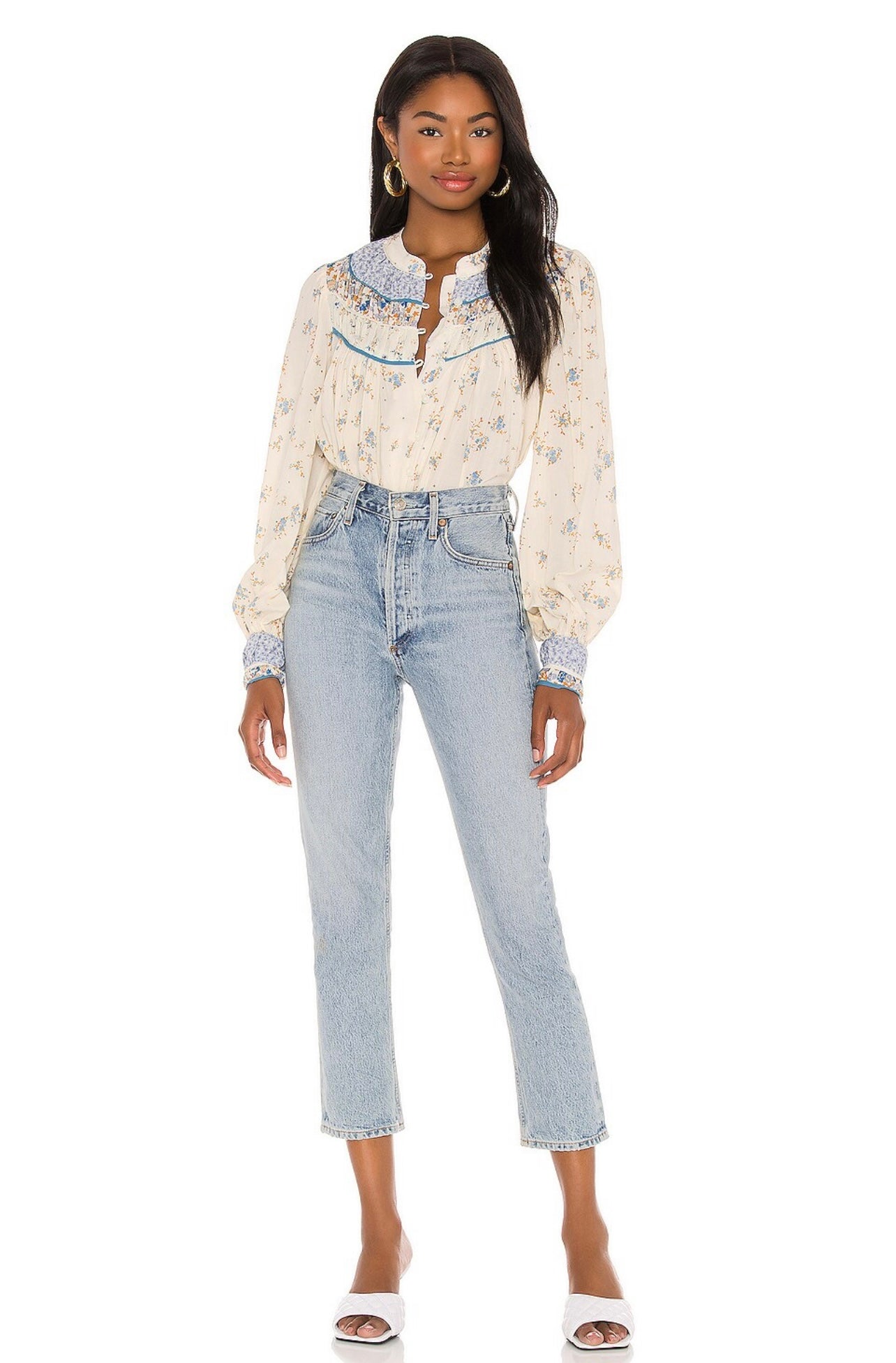 FREE PEOPLE Floral PALOMA ButtonDown Pleated Yoke Top