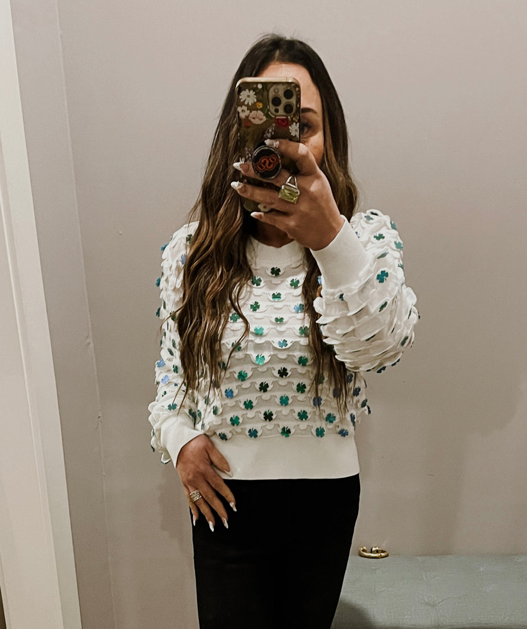 QUEEN OF SPARKLES Four Leaf CLOVER Pailette Sweater Top