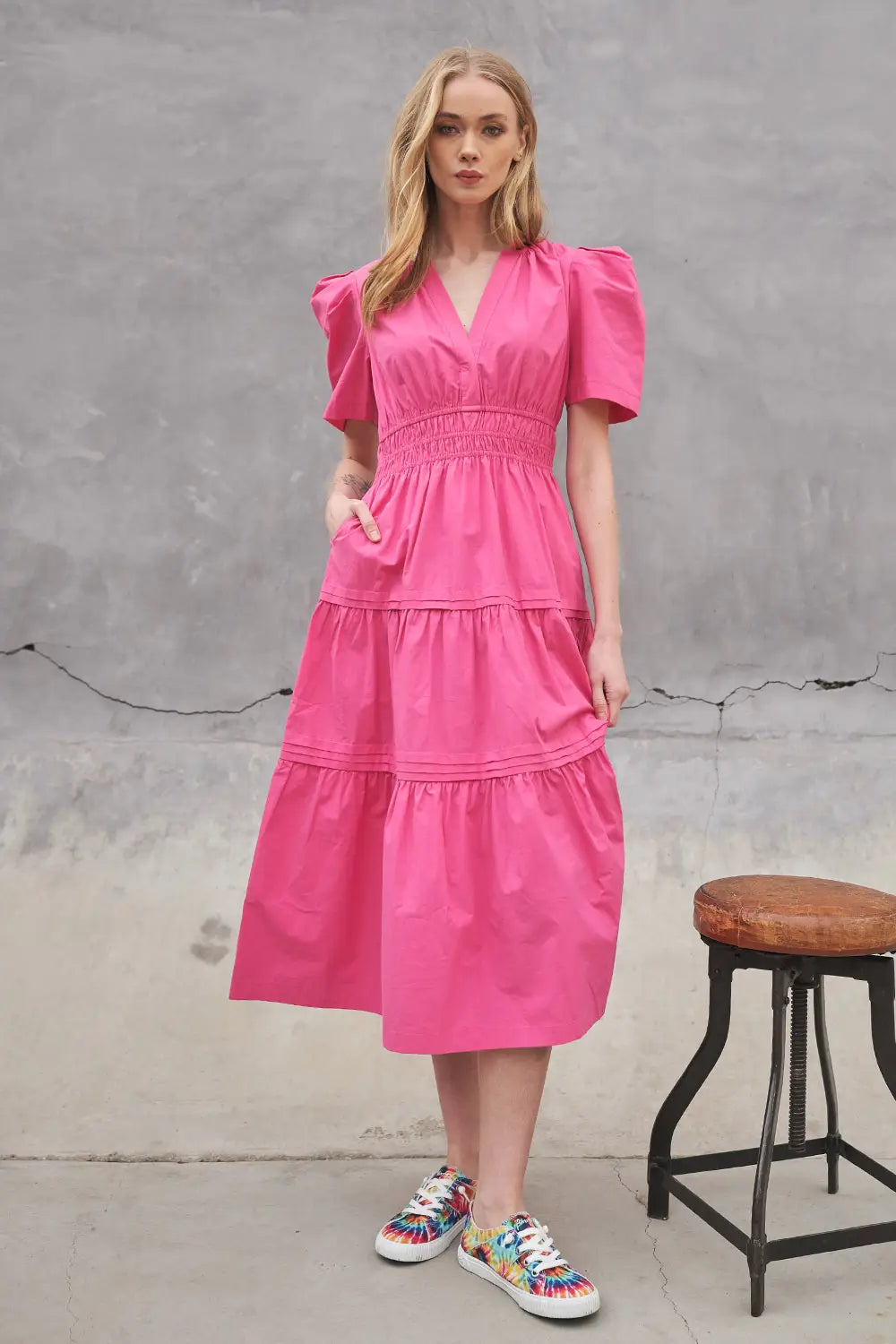 THEORY V-Neck Tiered PuffSleeve Maxi Dress