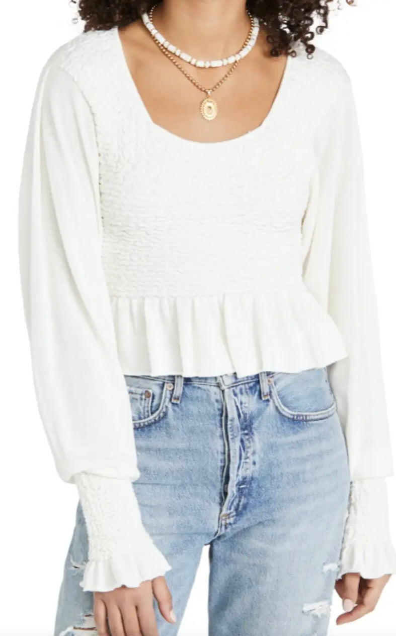FREE PEOPLE Smocked Bust/Sleeve FREE SPIRIT Peplum Top