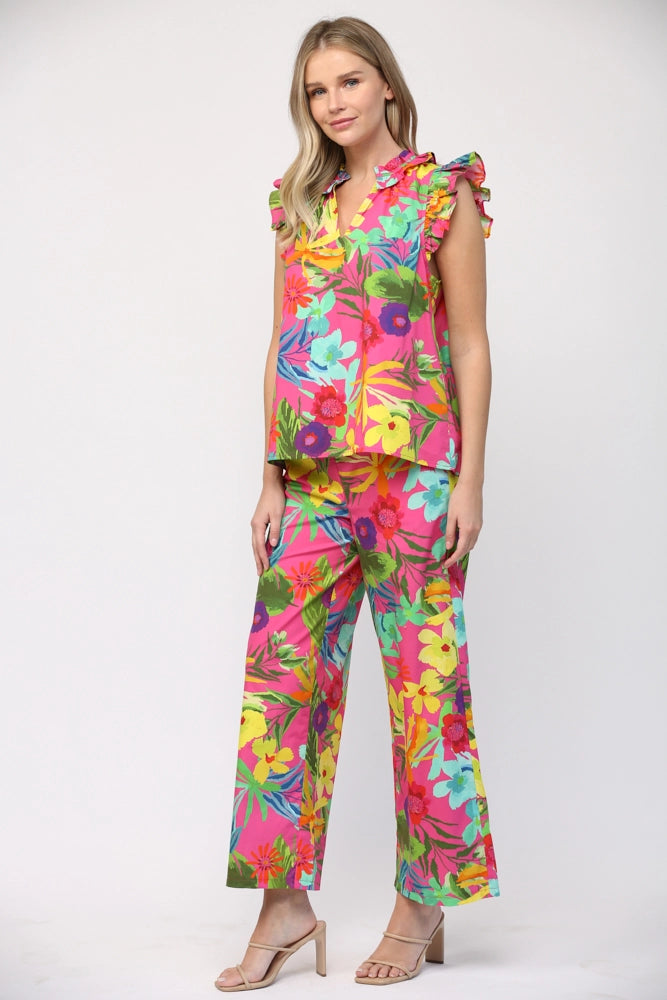 SAVOR Tropical Print Poplin Ruffle Top