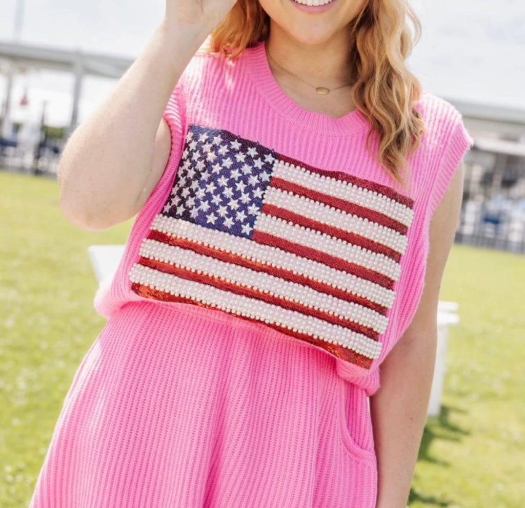 QUEEN OF SPARKLES Sequin FLAG Sweater Vest Top