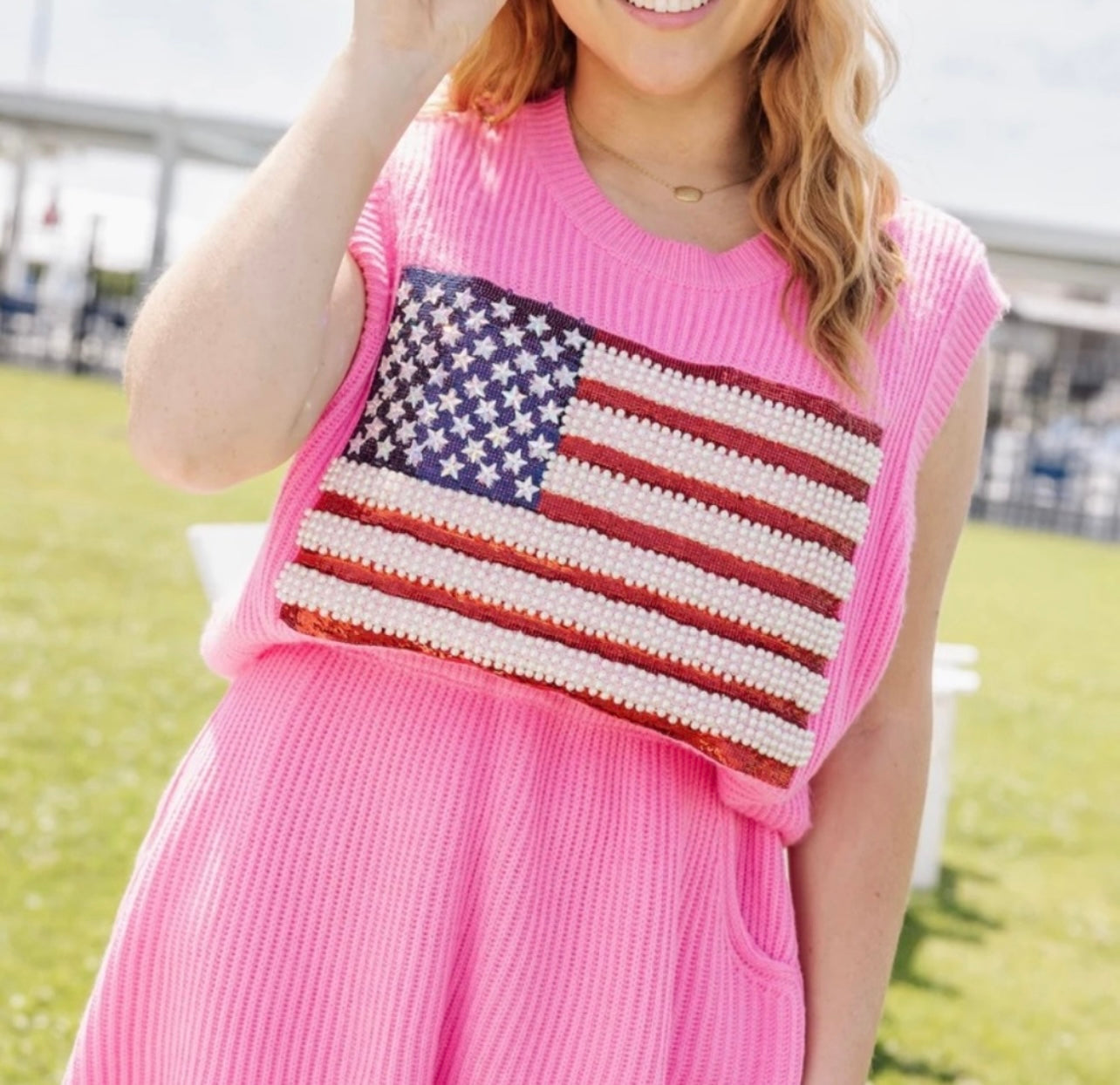 QUEEN OF SPARKLES Sequin FLAG Sweater Vest Top