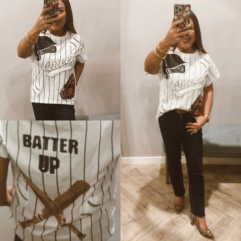 QUEEN OF SPARKLES Sequin BATTER UP Pinstripe Tee Top