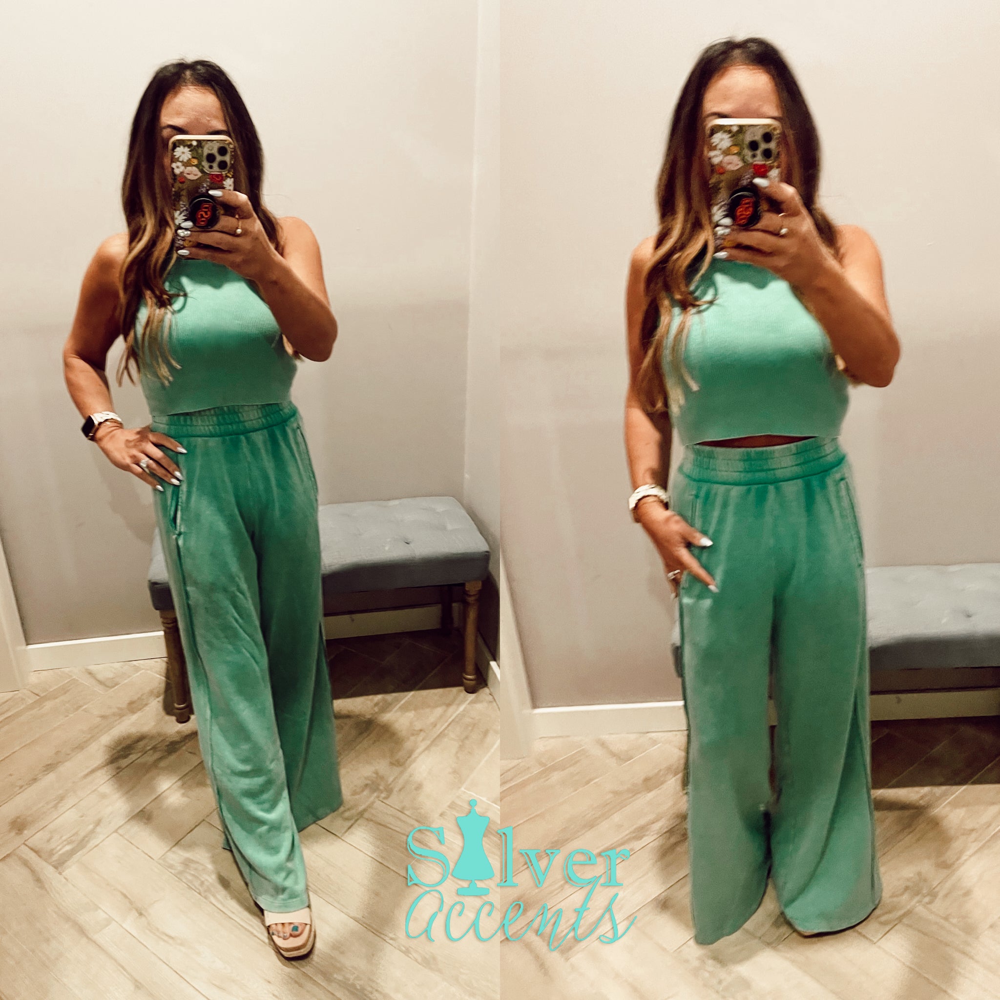 RISEN 2Piece HalterNeck RibMix WideLeg Pant Set