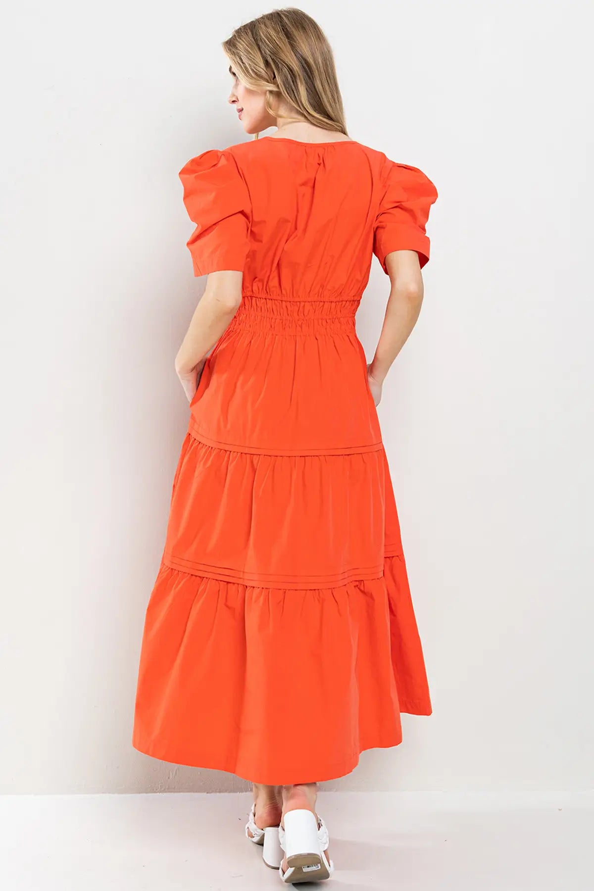 THEORY V-Neck Tiered PuffSleeve Maxi Dress