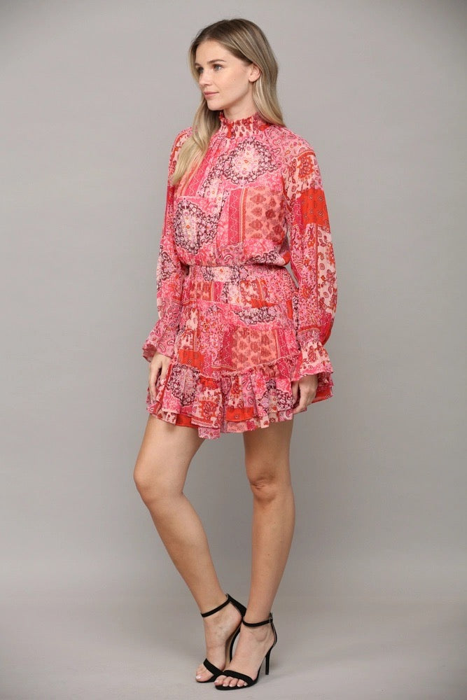 OLIVIA PatchWork Chiffon HiNeck Dress