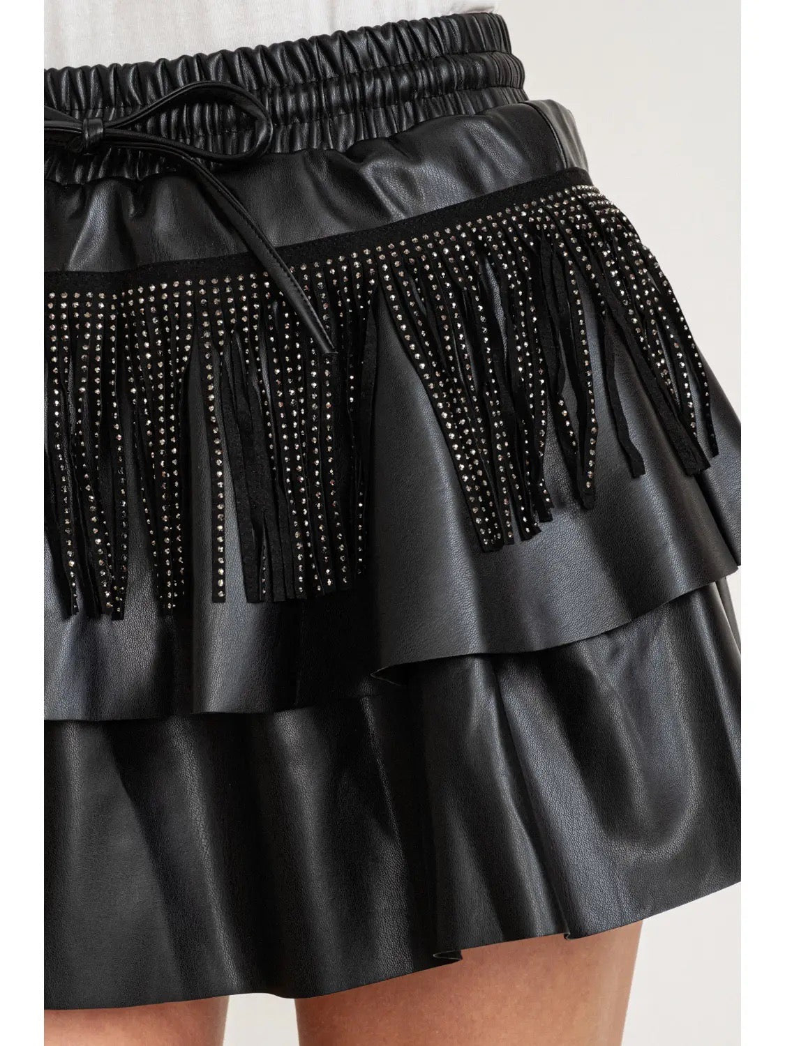NOVEL StudFringe Tier VeganLeather Skirt