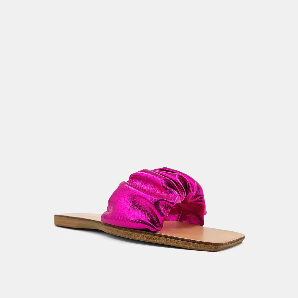 SHUSHOP Ruched BELINDA Faux Metallic Leather Sandals