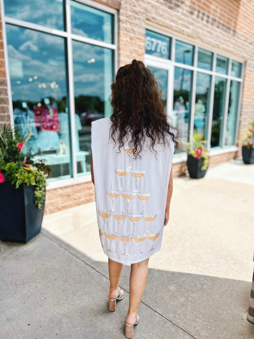 QUEEN OF SPARKLES Sequin CHAMPAGNE TOWER Shoulder Pad Dress Silver Accents QUEEN OF SPARKLES Sequin CHAMPAGNE TOWER Shoulder Pad Dress Silver Accents