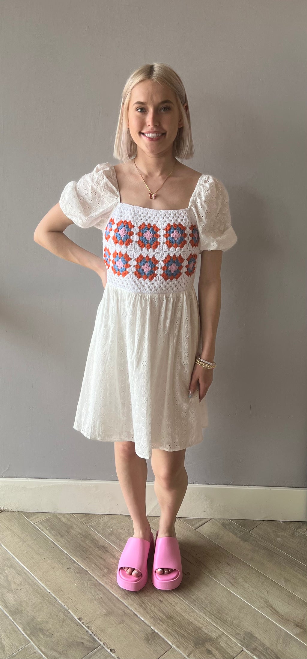 FIJI Crochet Front PuffSleeves Dress