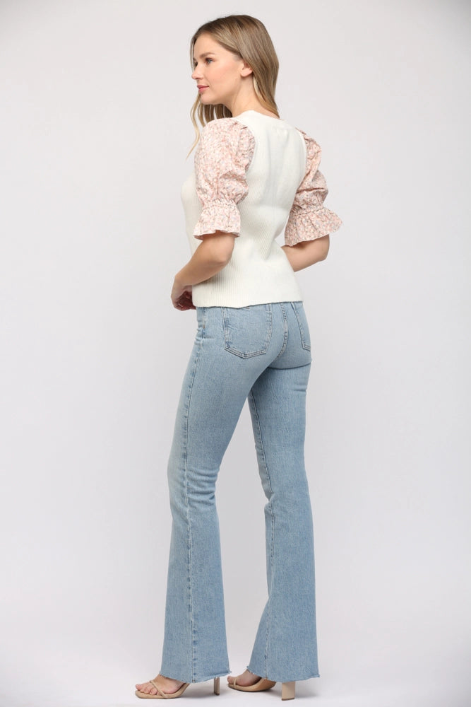 SWEETPEA Contrast Embroidered Sleeve Sweater Top