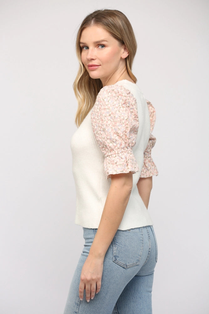 SWEETPEA Contrast Embroidered Sleeve Sweater Top