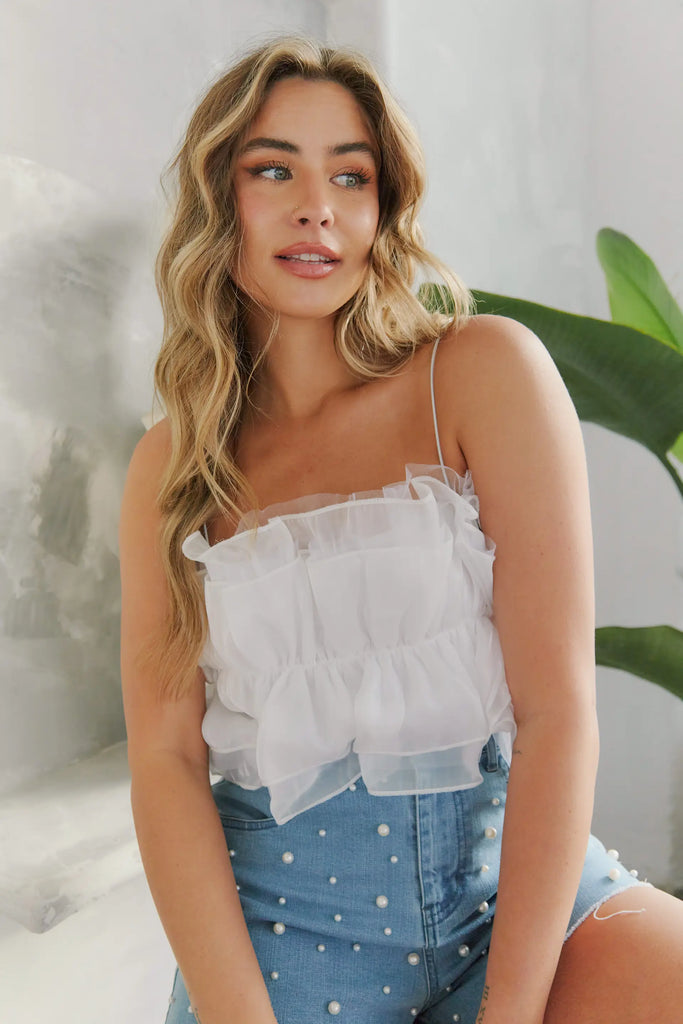 LOVER Shimmer Ruffle Cami Top Silver Accents