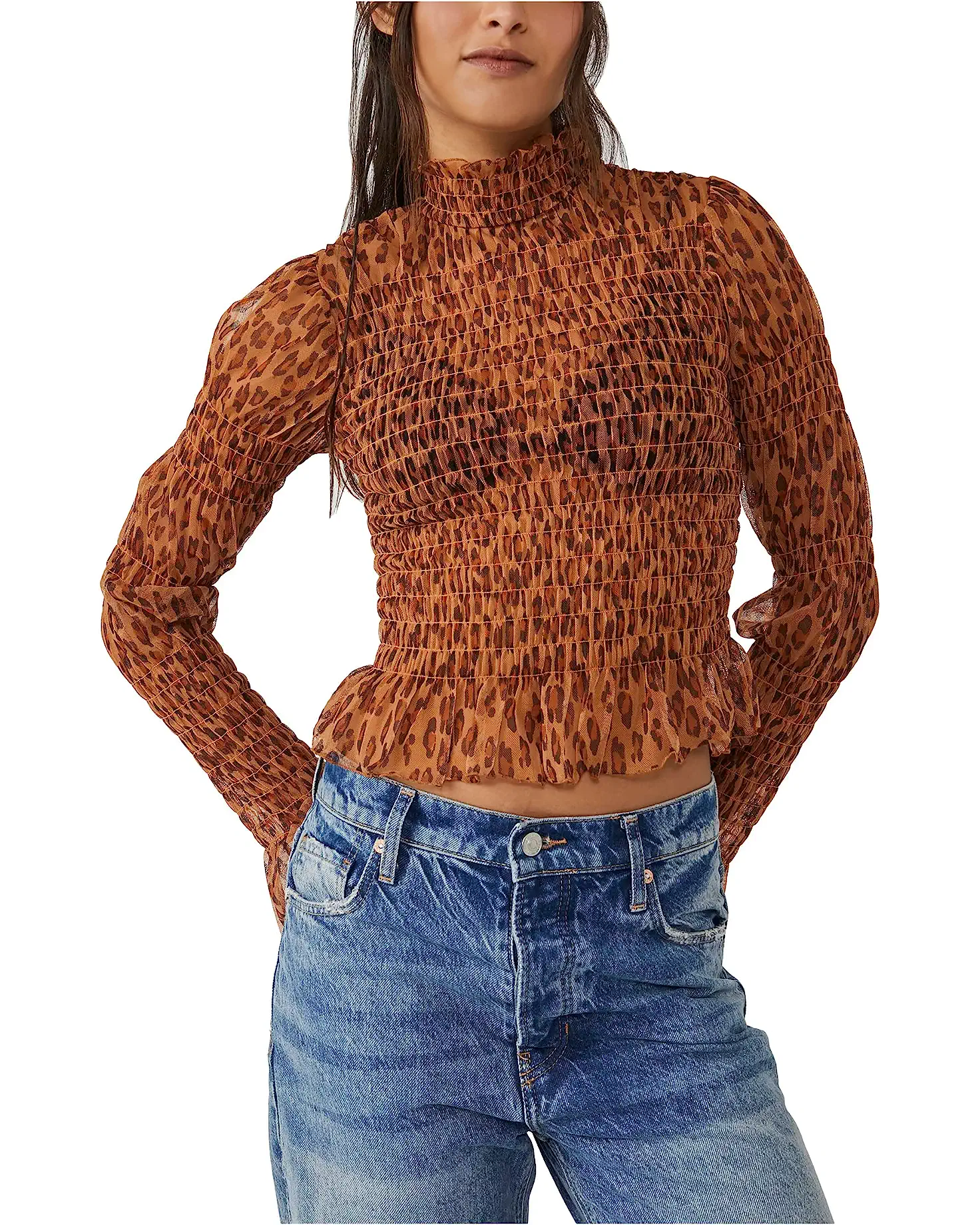 FREE PEOPLE Smocked  HELLO THERE Mesh Top