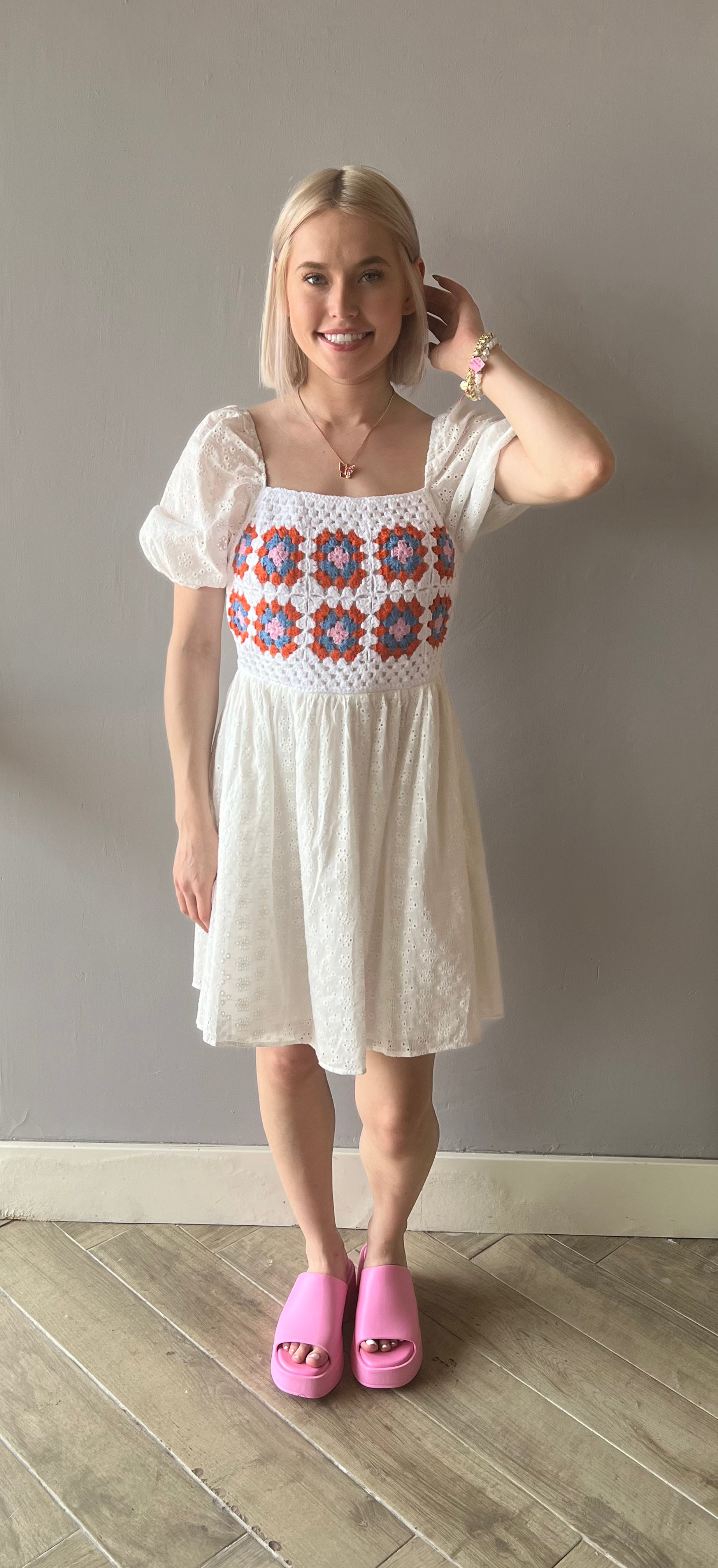FIJI Crochet Front PuffSleeves Dress