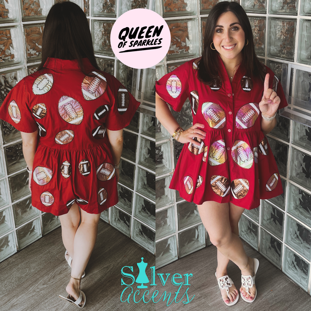 QUEEN OF SPARKLES Iridescent FOOTBALLS Sequin Short Romper