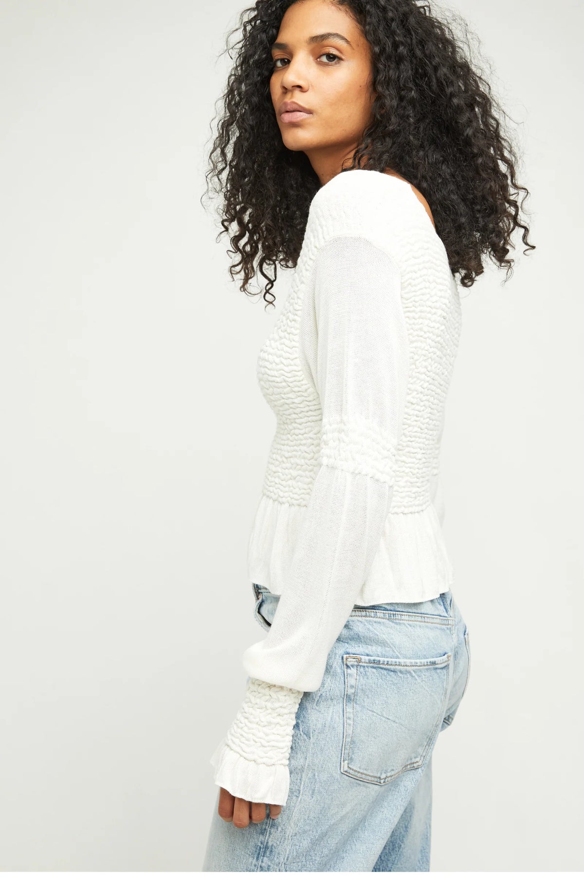 FREE PEOPLE Smocked Bust/Sleeve FREE SPIRIT Peplum Top