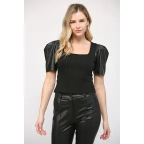 PLEASURE Vegan Leather PuffSleeve Top