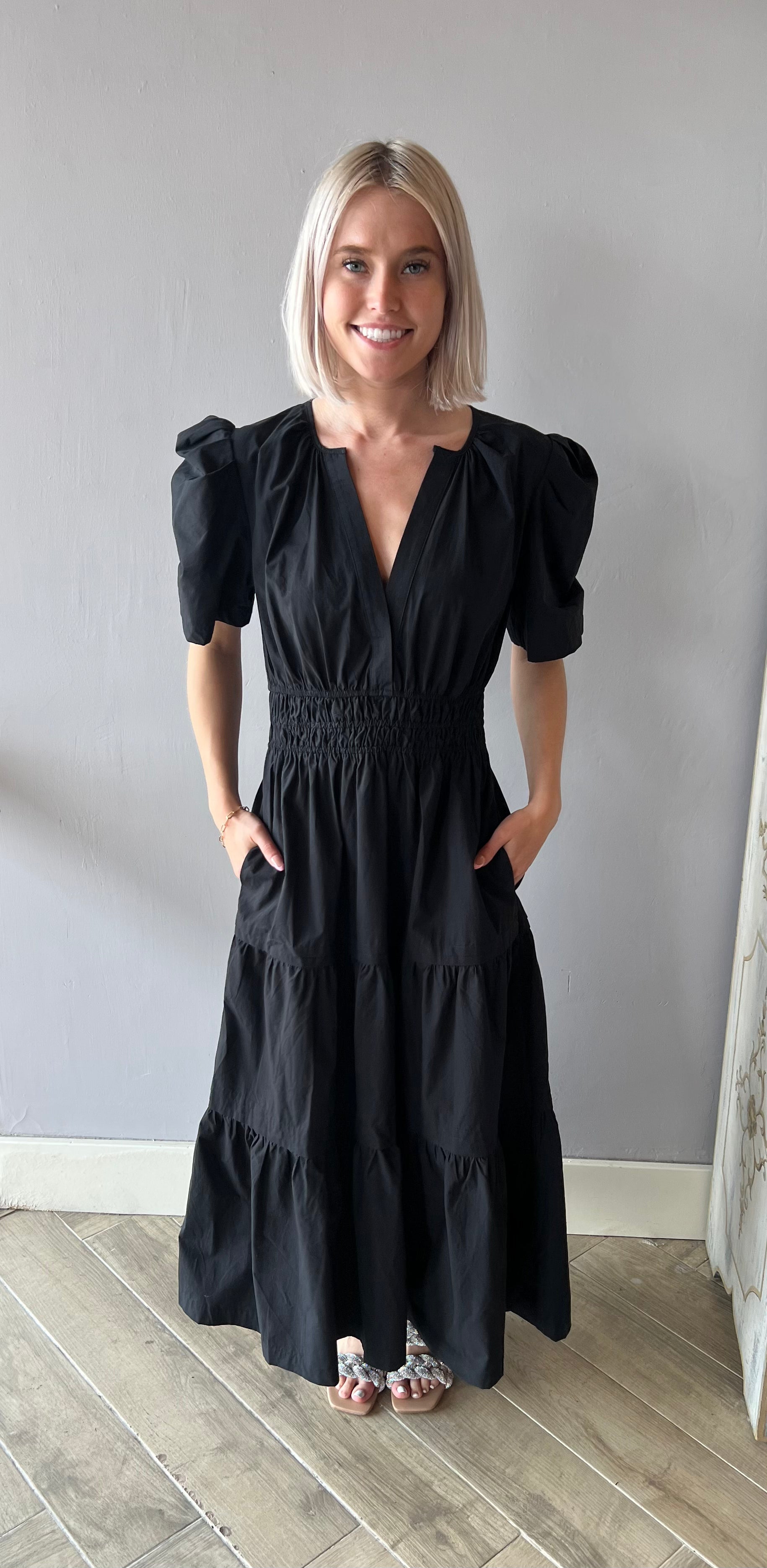 THEORY V-Neck Tiered PuffSleeve Maxi Dress