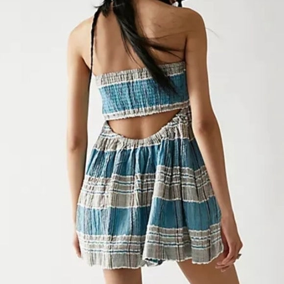 FREE PEOPLE Blue Plaid BARBARA Plaid Bow Front Romper