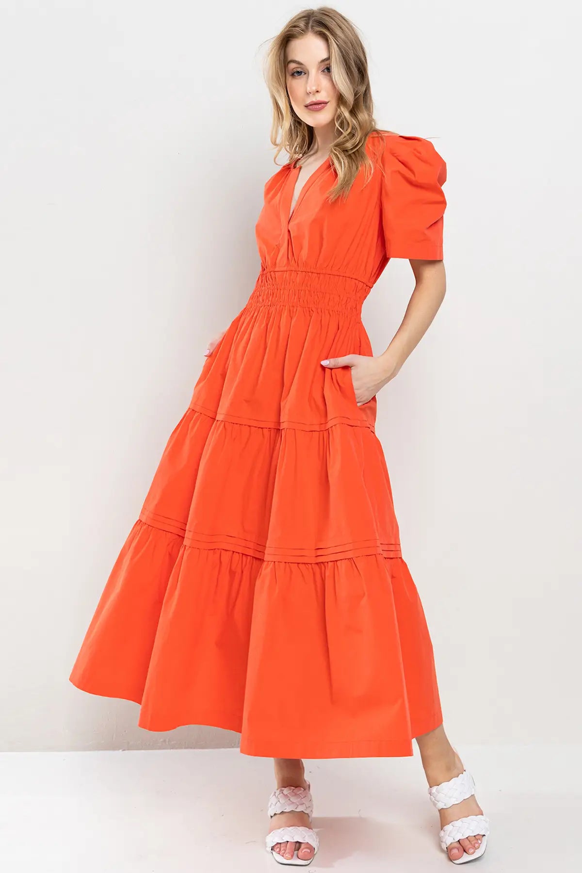 THEORY V-Neck Tiered PuffSleeve Maxi Dress