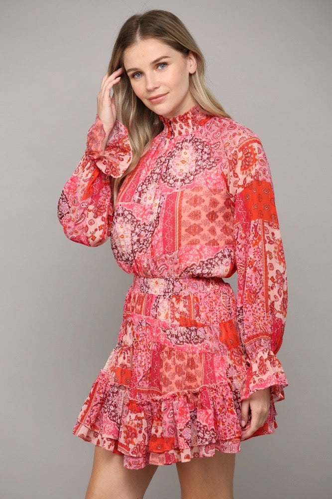 OLIVIA PatchWork Chiffon HiNeck Dress