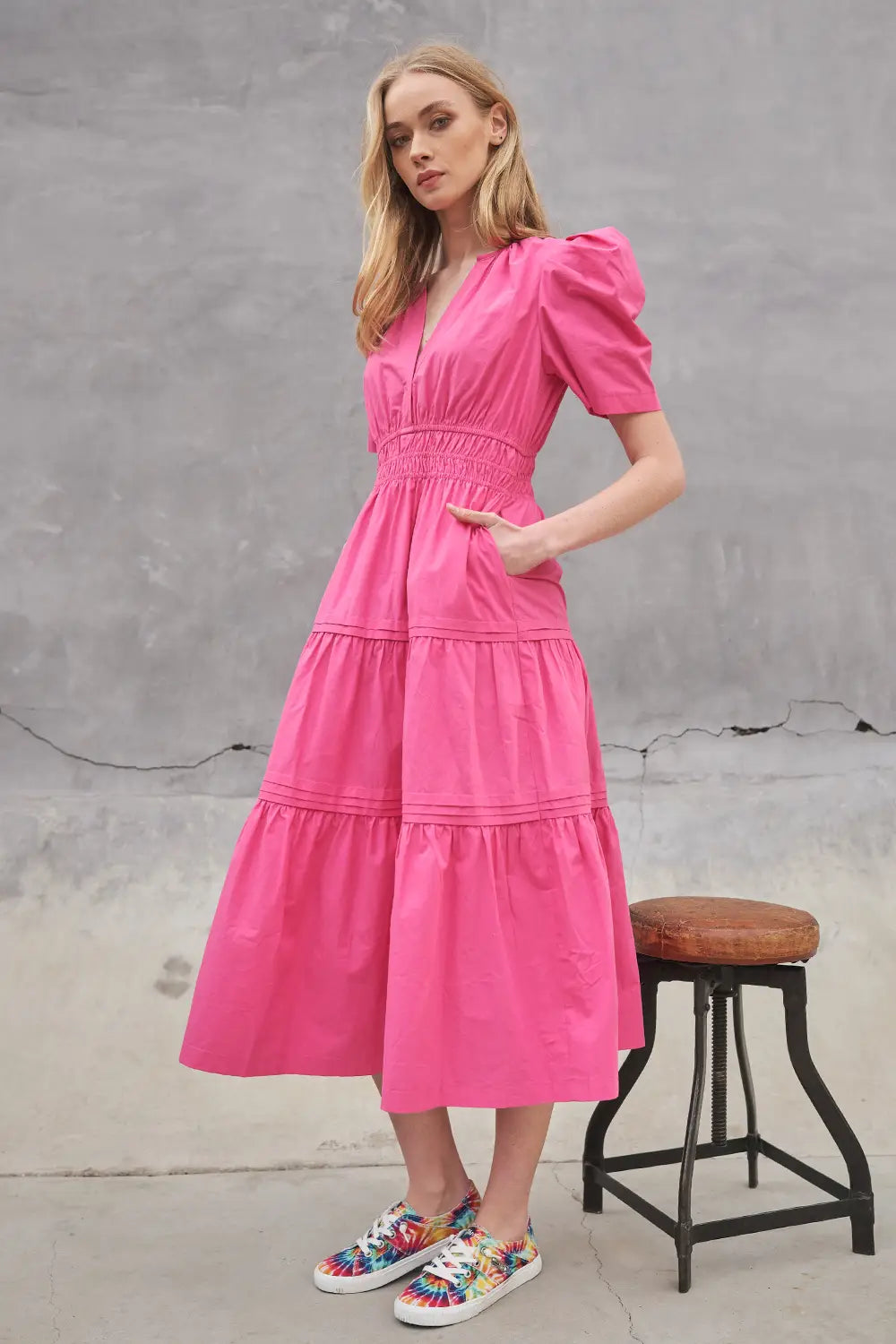 THEORY V-Neck Tiered PuffSleeve Maxi Dress